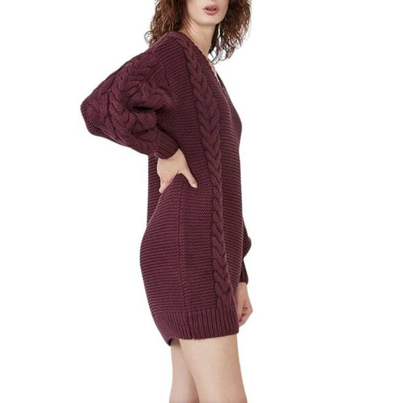 Bardot Bell Knit Dress In Burgundy Balloon Sleeves Cable Knit V Neck Size Small - Picture 5 of 11